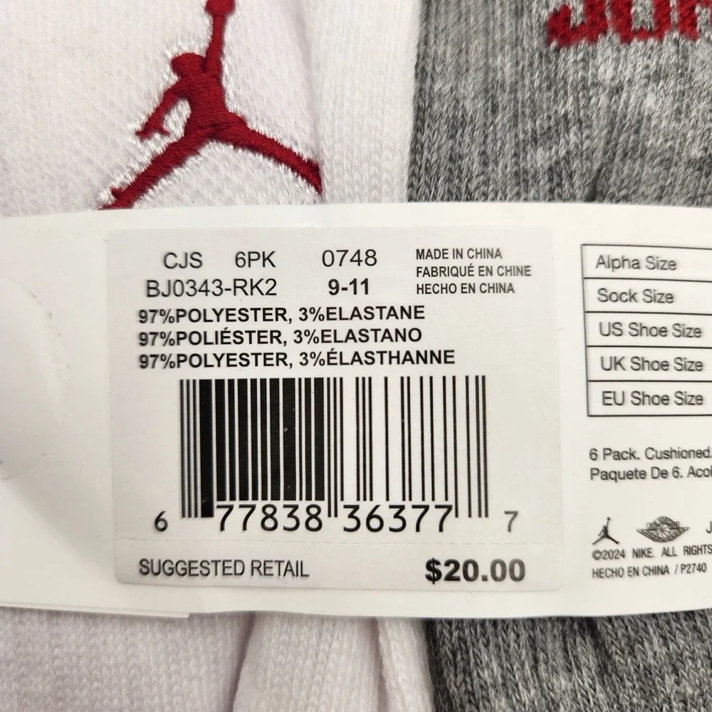 Nike Jordan Boys Socks Crew Jumpman Basketball Youth 6 Pr Shoe SZ  5Y-7Y